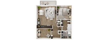A top-down view of a modern apartment layout with a living room, kitchen, and bedroom.