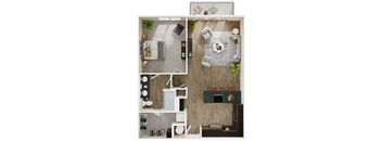 A top-down view of a modern kitchen and living room.