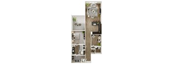 A top-down view of a small apartment with a kitchen, living room, and bedroom.