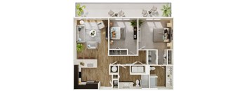 A 3D floor plan of a house with various rooms and furniture.