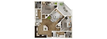 A top-down view of a modern apartment layout with a living room, kitchen, and bedroom.