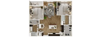 A collage of different room layouts with furniture.