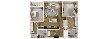 A top-down view of a modern apartment layout with a kitchen, living room, and bathroom.