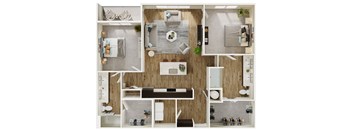 A top-down view of a small apartment with a kitchen, living room, and bathroom.