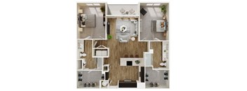 A top-down view of a modern apartment layout with a kitchen, living room, and dining area.