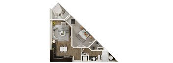A top-down view of a house layout with a living room, kitchen, and bathroom.
