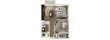 A top-down view of a small apartment with a kitchen, living room, and bedroom.