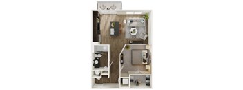 A top-down view of a modern apartment layout with a kitchen, living room, and bedroom.