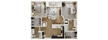A top-down view of a modern apartment layout with a kitchen, living room, and bathroom.