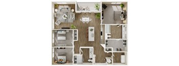 A top-down view of a modern apartment layout with a kitchen, living room, and bedrooms.