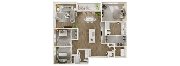 A top-down view of a small apartment layout with a kitchen, living room, and bedroom.