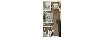 A series of images showing a top-down view of a small apartment layout.