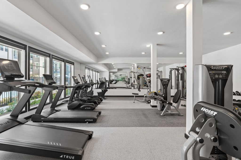 A gym with treadmills and weights.