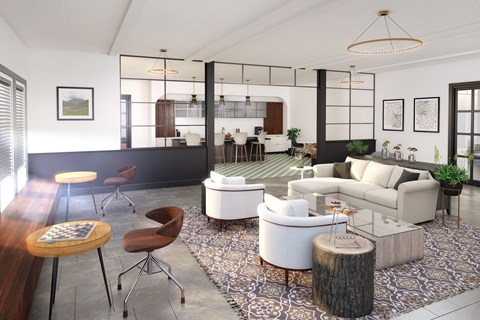 A modern living room with a white sofa set and a wooden coffee table.