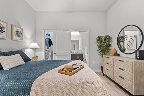 Contemporary apartment bedroom suite featuring coordinated furnishings, walk-in closet access, a private ensuite bathroom, and thoughtfully designed residential living spaces.