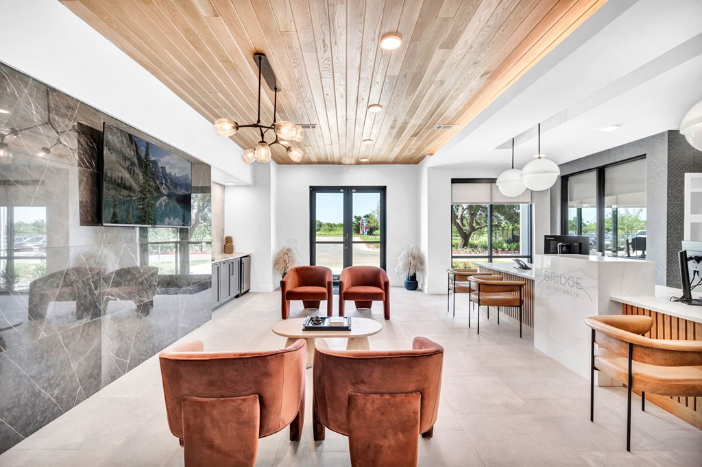 a room with chairs and desks