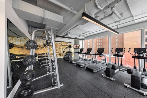 A gym with treadmills, weights, and a ladder.