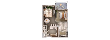 a 3d floor plan of a bedroom with a bathroom and a living room