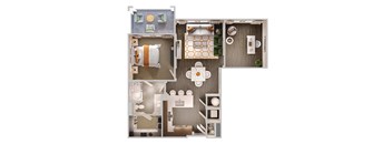 a 3d floor plan of a bedroom with a bathroom and a living room