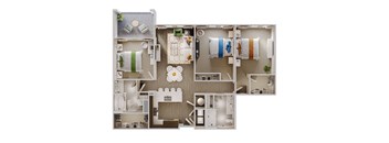 a 3d floor plan of a bedroom with furniture and a bathroom