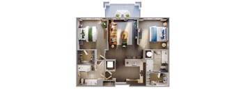 a 3d drawing of a 3 bedroom apartment floor plan