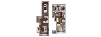 two floor plans of a house with a garage and a car