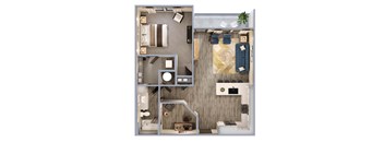 A top-down view of a modern apartment layout with a kitchen, living room, and bedroom.
