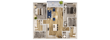 A top-down view of a modern apartment layout with a kitchen, living room, and bathroom.