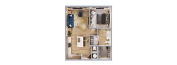 A top-down view of a modern apartment layout.