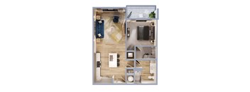 A top-down view of a modern apartment layout with a kitchen, living room, and bathroom.