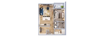 A top-down view of a modern apartment layout.