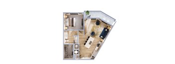 A top-down view of a modern apartment with a living room, kitchen, and bathroom.