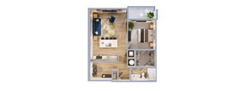 A top-down view of a modern apartment layout.