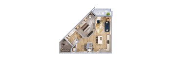 A top down view of a small apartment with a kitchen, living room, and bedroom.