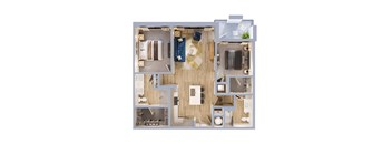 A top-down view of a house layout with a kitchen, living room, and bathroom.
