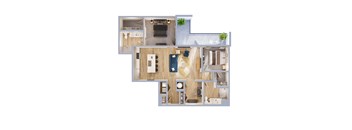 A floor plan of a house with a living room, kitchen, and bathroom.