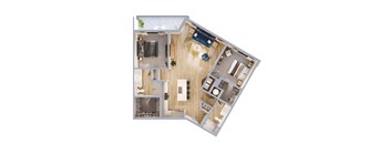 A top down view of a house layout with a kitchen, living room, and bathroom.