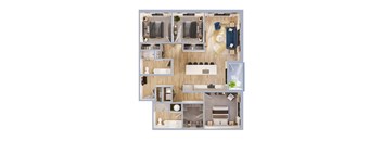A top-down view of a modern apartment layout.