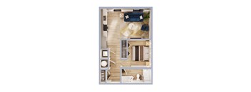 A top-down view of a modern apartment layout with a living room, kitchen, and bathroom.