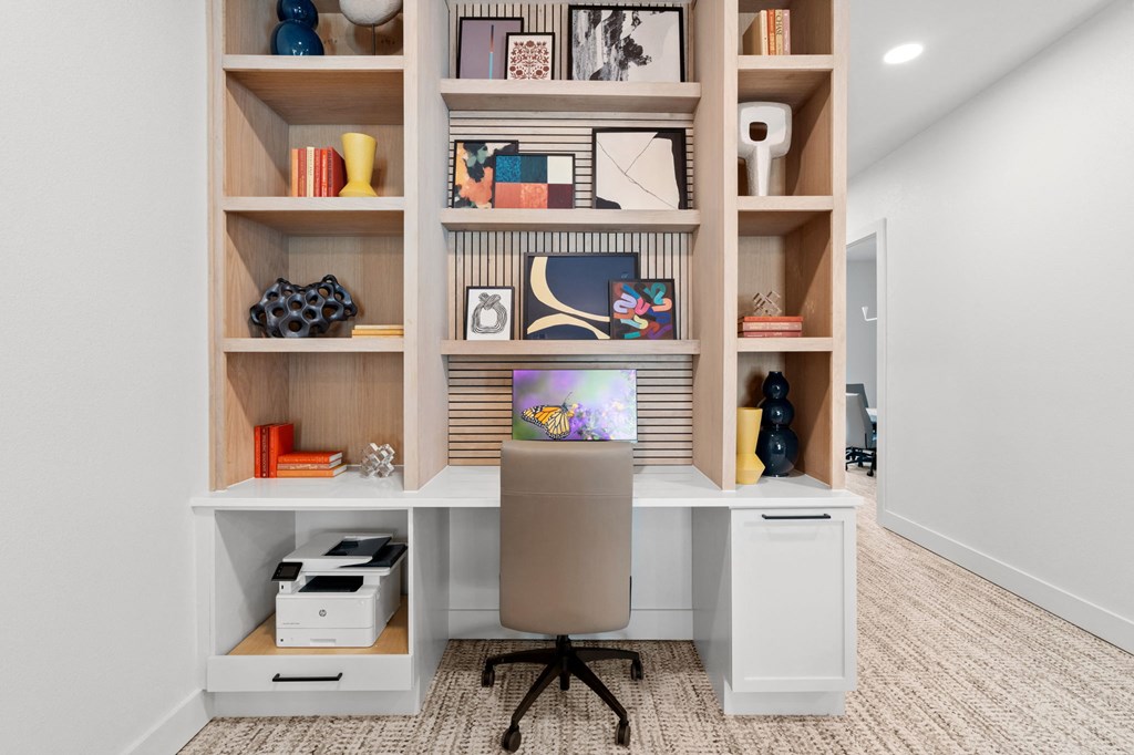 a desk and shelves