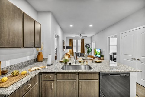 A modern kitchen with wooden cabinets and a stainless steel dishwasher.