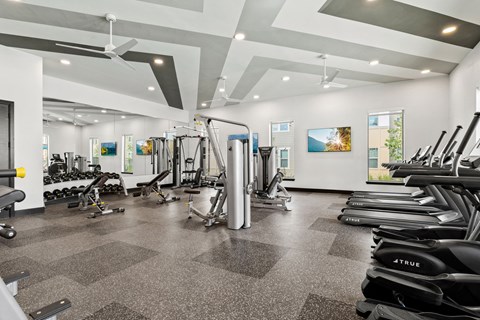 a gym with treadmills and other exercise equipment