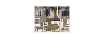 A top-down view of a well-organized apartment with a living area, kitchen, and bedrooms.