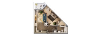 A 3D floor plan of a house showing a living room, kitchen, and bathroom.