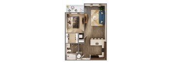A top-down view of a modern, minimalist bedroom with a bed, nightstand, and a small desk area.