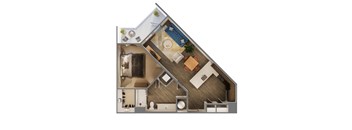 A top-down view of a house layout with a living room, kitchen, and bathroom.