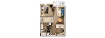 A top-down view of a small apartment with a bedroom, living room, and kitchen.