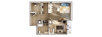 A top-down view of a modern apartment layout with a kitchen, living room, and bedroom.