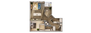 A top-down view of a bathroom layout with a toilet, sink, and bathtub.