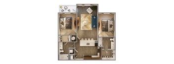 A 3D floor plan of a small apartment with a kitchen, living room, and bathroom.